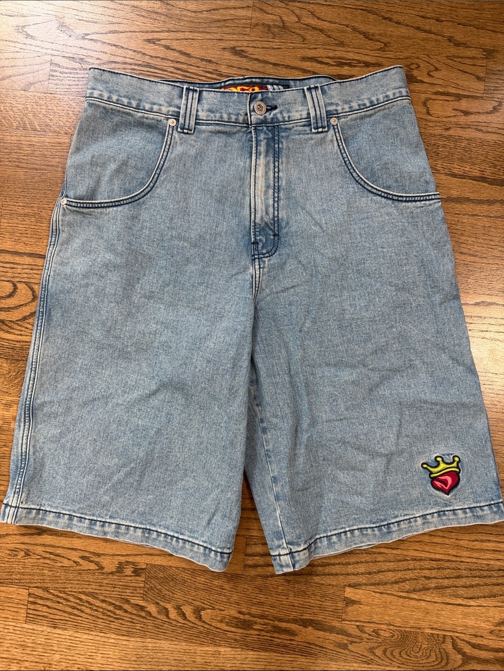 JNCO Light Blue Denim Shorts with Embroidered Heart & Crown
